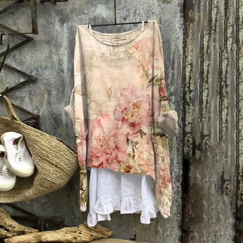 Vintage Floral Print Round Neck Loose Blouse