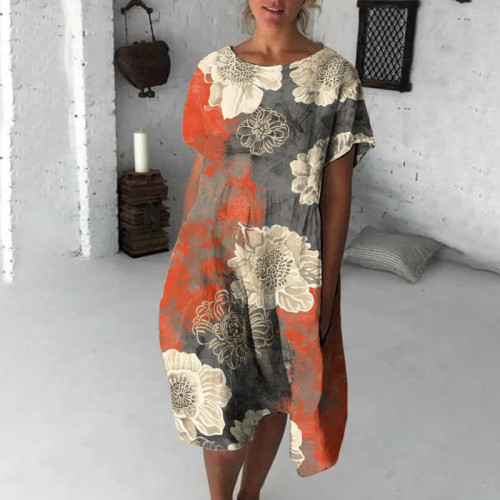 Vintage Floral Print Round Neck Loose Midi Dress