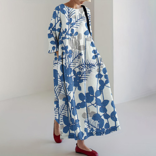Vintage Floral Print Round Neck Loose Midi Dress