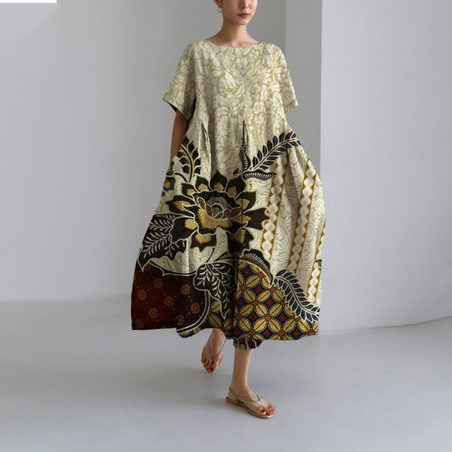 Vintage Floral Print Round Neck Short Sleeve Midi Dress