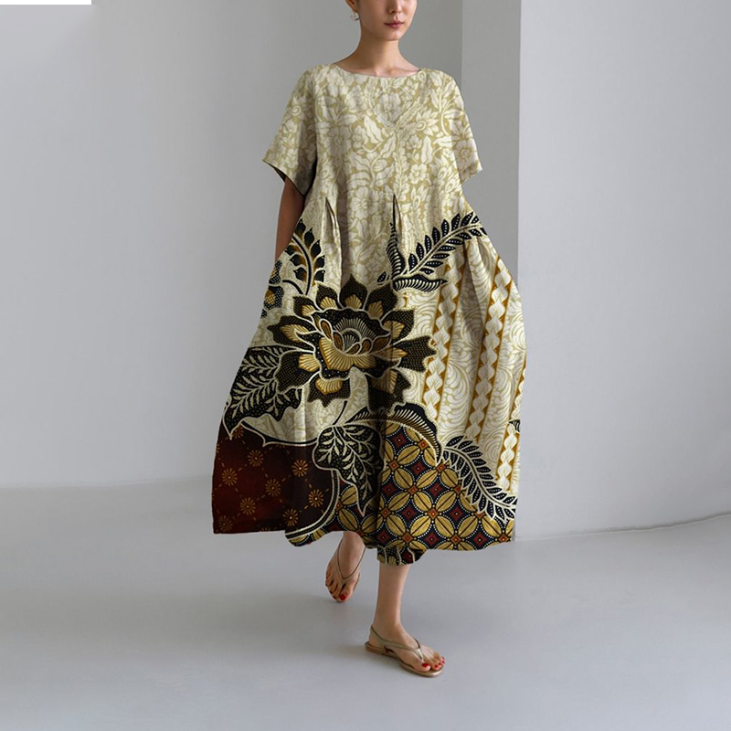 Vintage Floral Print Round Neck Short Sleeve Midi Dress