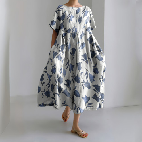 Vintage Floral Print Round Neck Short Sleeve Midi Dress
