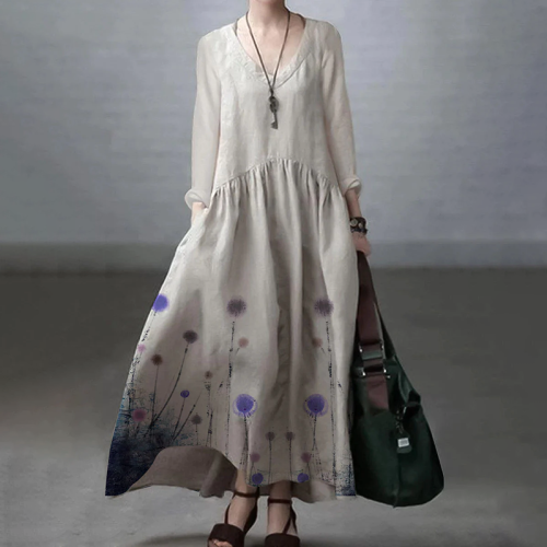 Vintage Floral Print V-Neck Long Sleeve Midi Dress