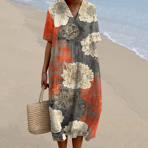 Vintage Floral Print V-Neck Loose Midi Dress