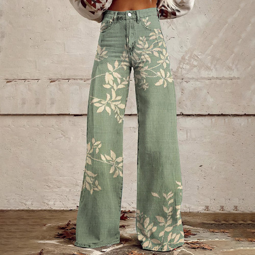 Vintage Floral Print Wide Leg Jeans