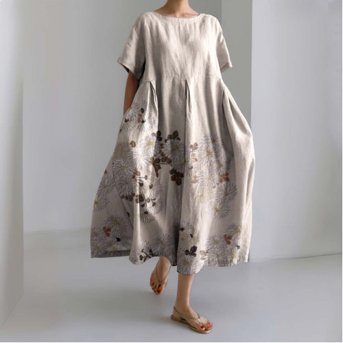 Vintage Floral Printed Linen Blend Midi Dress