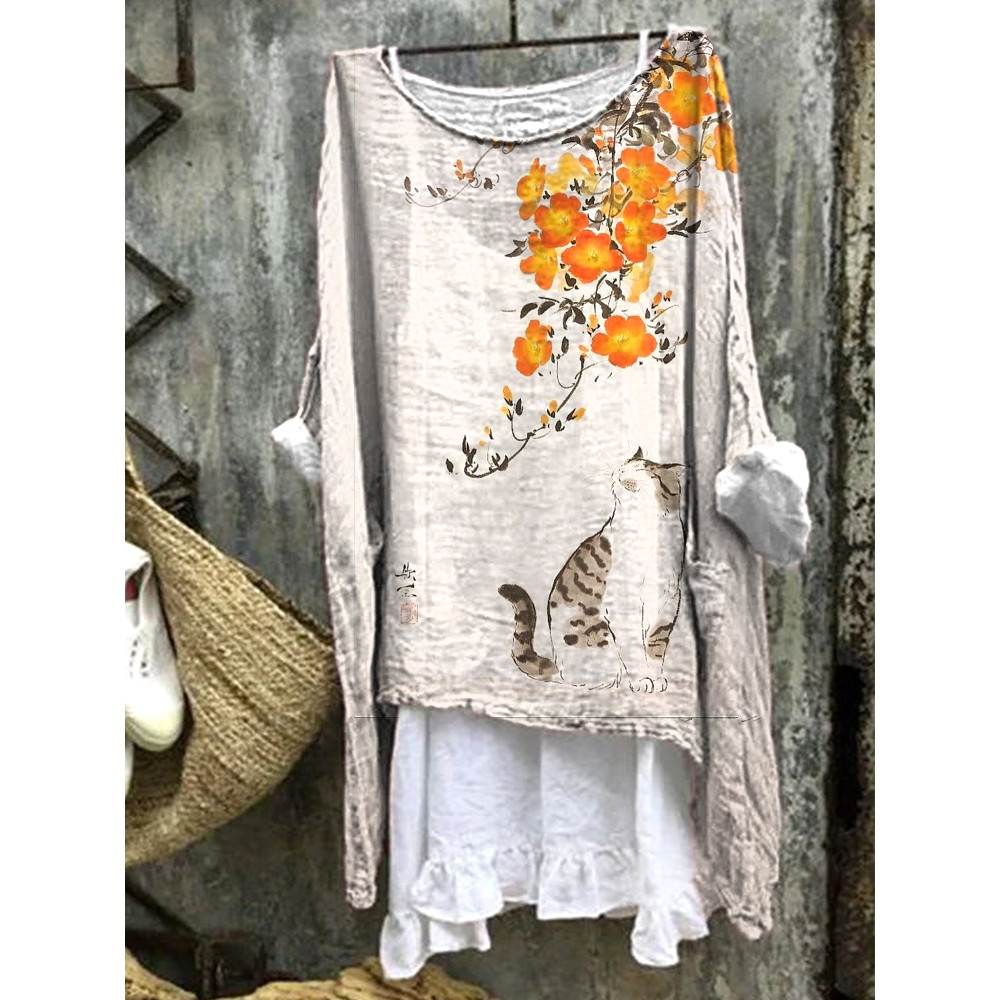 Vintage Floral&Cat Print Linen Crew Neck Shirt