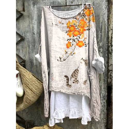 Vintage Floral&Cat Print Linen Crew Neck Shirt