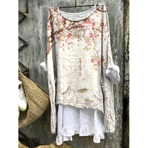 Vintage Floral&Cat Print Linen Crew Neck Shirt