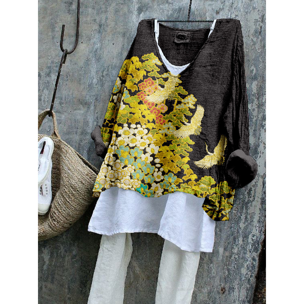 Vintage Floral & Cranes Art Linen Blend Shirt