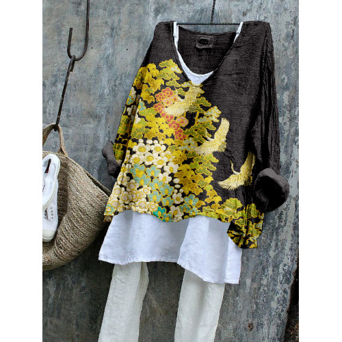 Vintage Floral & Cranes Art Linen Blend Shirt