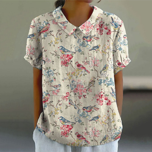 Vintage Flower And Bird Print Lapel Short Sleeved Blouse