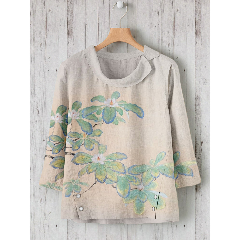 Vintage Flower Art Pattern Linen Blend Cozy Shirt