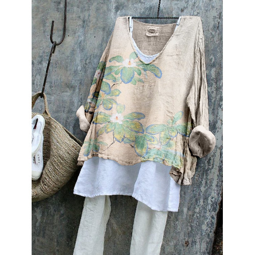 Vintage Flower Art Pattern Linen Blend Flowy Tunic
