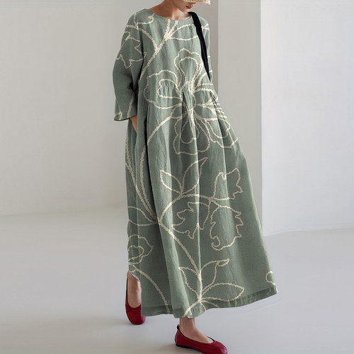 Vintage Flower Art Print Linen Blend Midi Dress