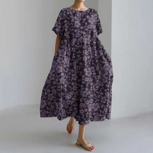Vintage Flower Print Crew Neck Short Sleeve Loose Midi Dress