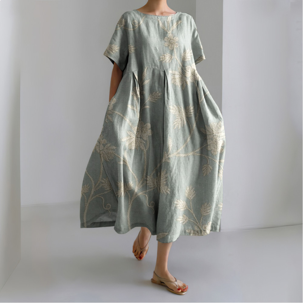 Vintage Flower Print Loose Midi Dress