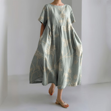 Vintage Flower Print Loose Midi Dress