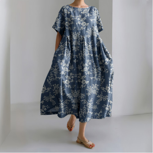 Vintage Flower Print Short Sleeves Loose Midi Dress