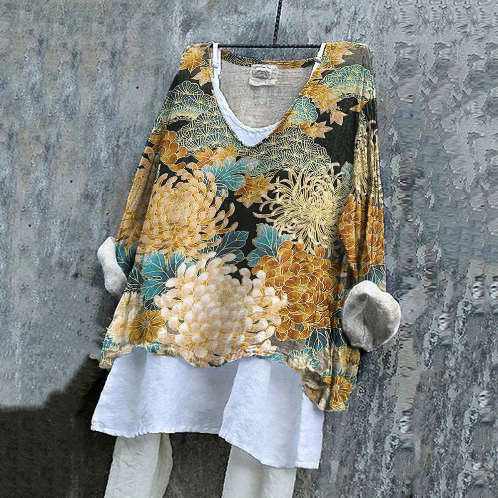 Vintage Flower Print V-Neck Loose Blouse