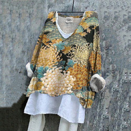 Vintage Flower Print V-Neck Loose Blouse