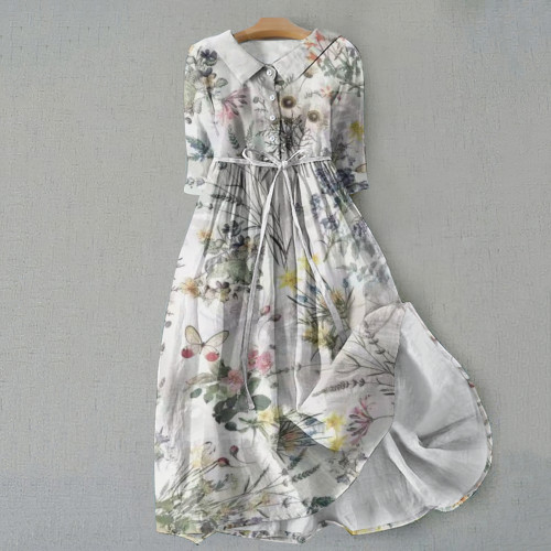 Vintage Flowers And Butterflies Graphics Print Lace-Up Dress