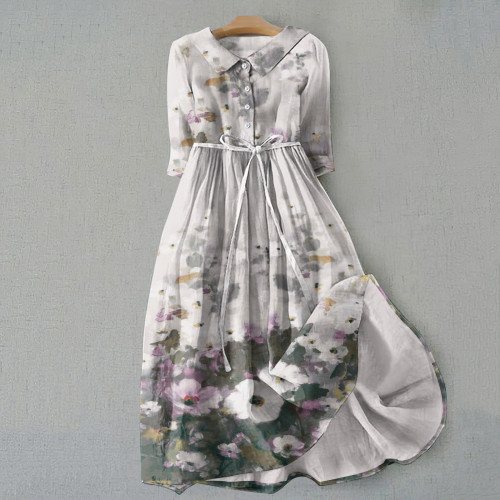 Vintage Flowers Garden Graphics Print Lace-Up Dress