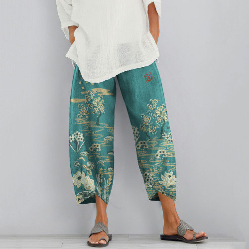 Vintage Flowers Japanese Art Cropped Casual Pants