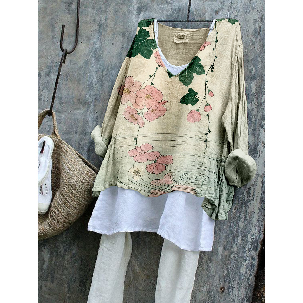 Vintage Flowers Pattern Linen Blend Flowy Tunic