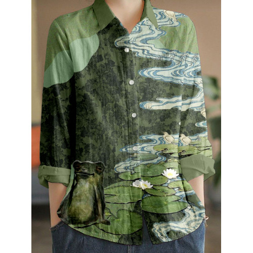 Vintage Frog & Waterlily Art Linen Blend Blouse
