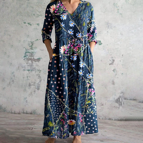 Vintage Geometric Floral Print V-Neck Casual Midi Dress
