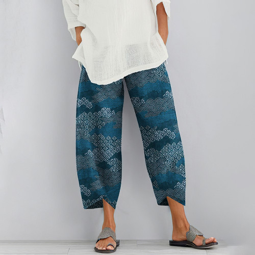 Vintage Geometric Japanese Art Cropped Casual Pants