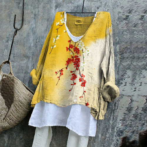 Vintage Gradient Plum Blossom Ink Style Art Cotton Linen V Neck Casual Shirt