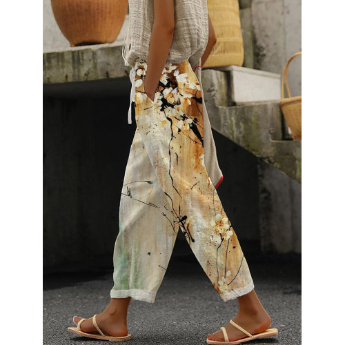 Vintage Ink Flower Print Casual Cotton Linen Pants