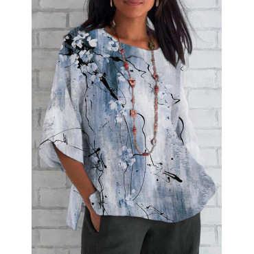 Vintage Ink Flower Print Cotton and Linen T-Shirt