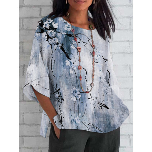 Vintage Ink Flower Print Cotton and Linen T-Shirt