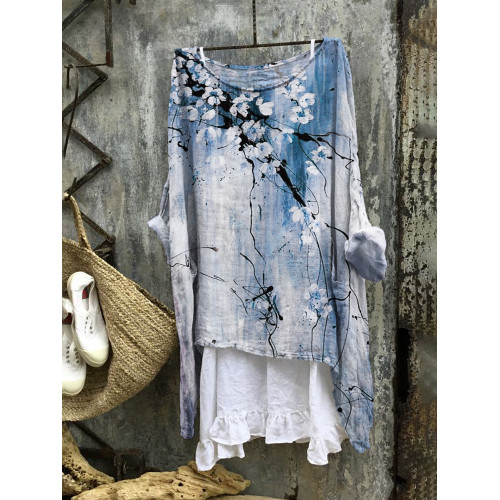 Vintage Ink Flower Print Linen Blend Tunic