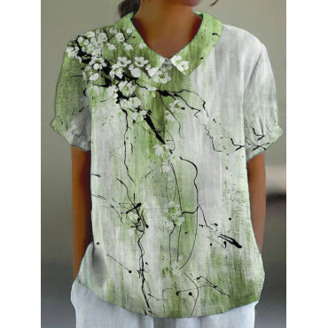 Vintage Ink Flower Print Linen Lapel Shirt