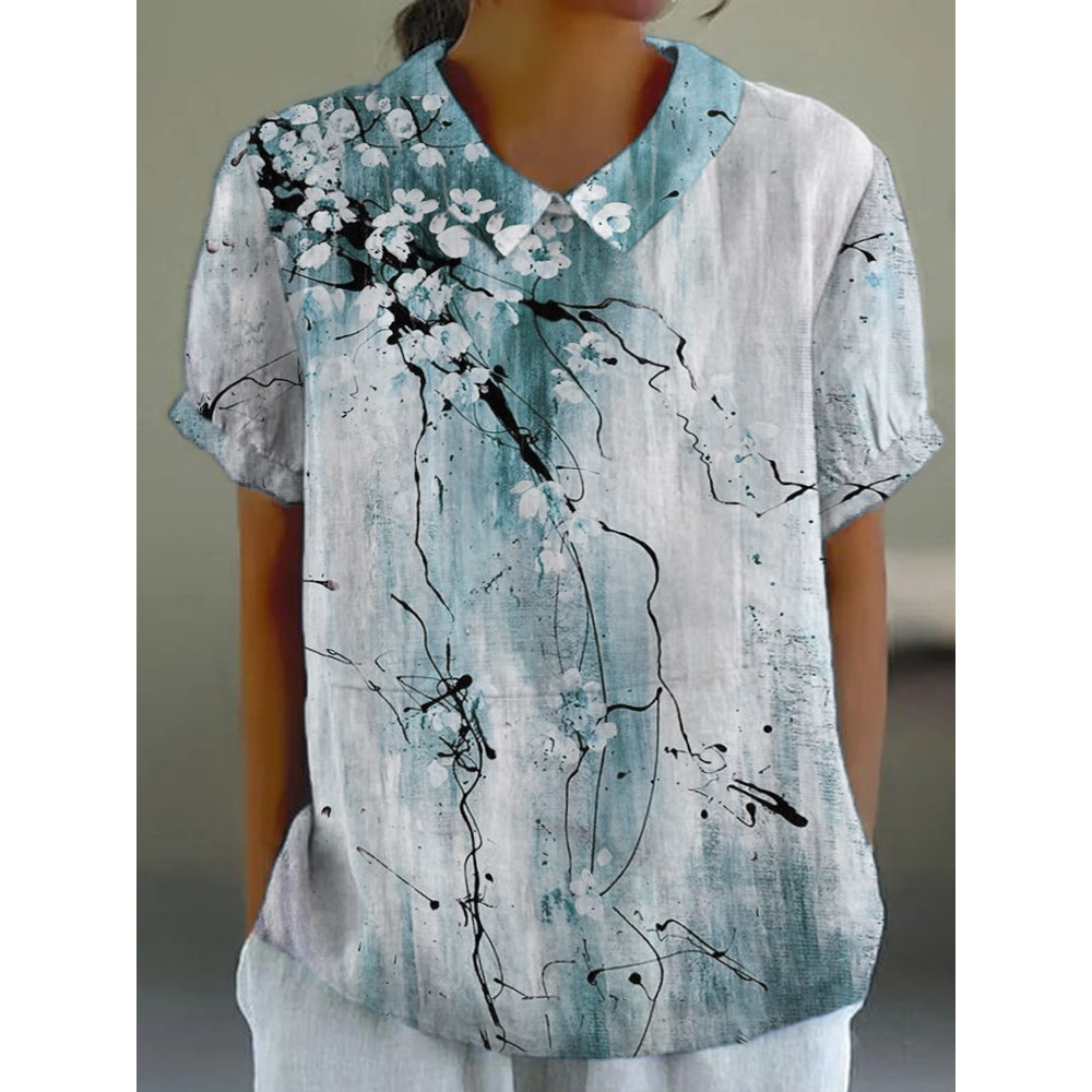 Vintage Ink Flower Print Linen Lapel Shirt
