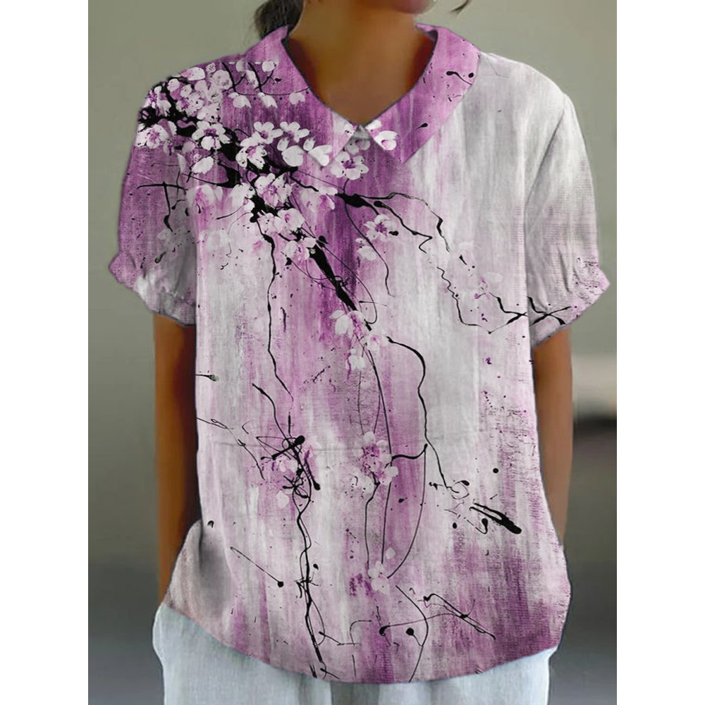 Vintage Ink Flower Print Linen Lapel Shirt