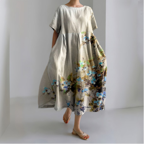 Vintage Ink Flower Print Linen Maxi Dress