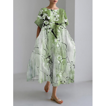 Vintage Ink Flower Print Linen Maxi Dress