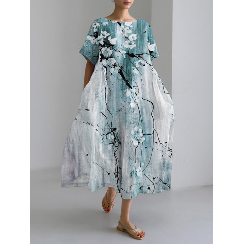 Vintage Ink Flower Print Linen Maxi Dress