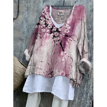 Vintage Ink Flower Print Linen V-Neck Blend Tunic