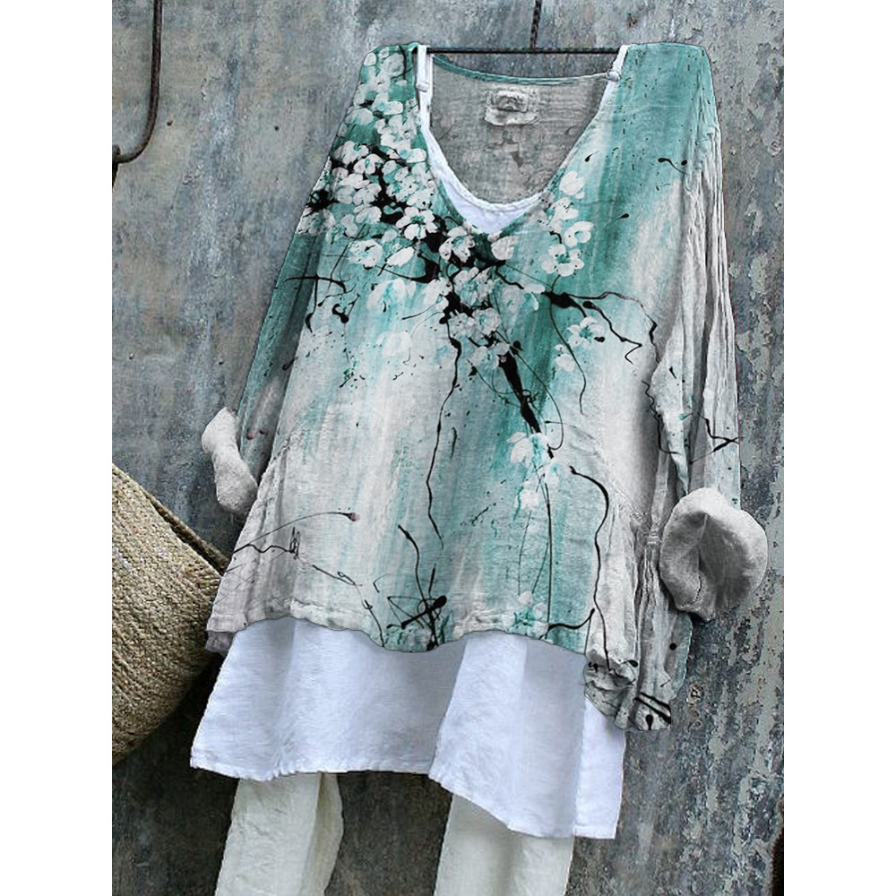 Vintage Ink Flower Print Linen V-Neck Blend Tunic