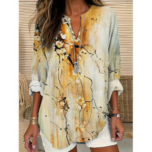 Vintage Ink Flower Print Linen V-Neck Shirt