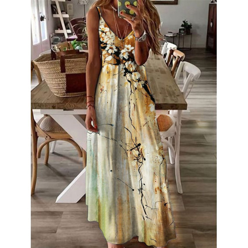 Vintage Ink Flower Print Maxi Dress