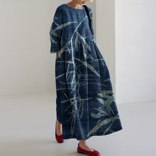 Vintage Japanese Art Bamboo Print Casual Midi Dress