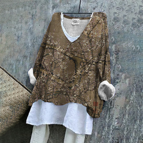 Vintage Japanese Art Branch Cotton Linen V Neck Comfy Shirt