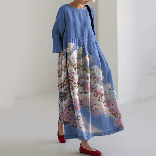 Vintage Japanese Art Color Block Floral Printed Casual Midi Dress